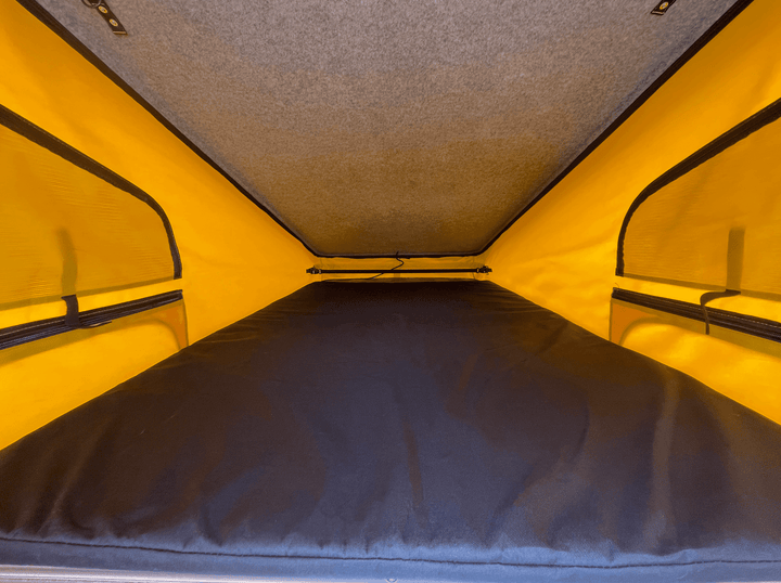 Campervan Pop Top Roof Mattress in pop top with yellow canvas- Wildworx | Campervan Conversions, Sales & Accessories 